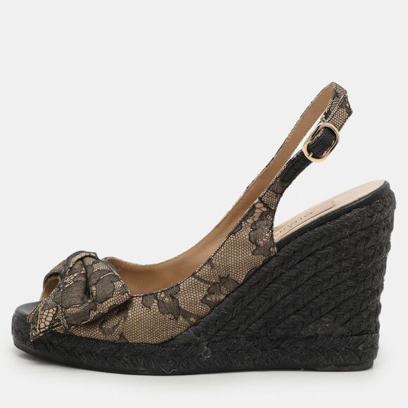Valentino Black/beige Lace Bow Slingback Wedge Espadrille Sandals Size 36.5,New Products : American Fashion Style Bags On Sale